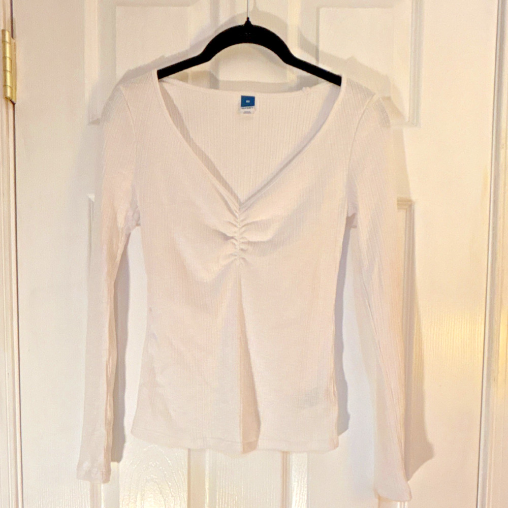 Old Navy White Ribbed Knit Ruched V-Neck White Long Sleeve T-Shirt XS Women